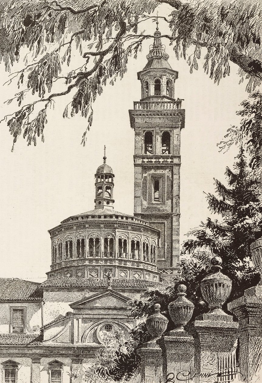 Beata Vergine dei Miracoli Heiligdom, Saronno, Italië, gravure naar tekening van Quinto Cenni, uit L