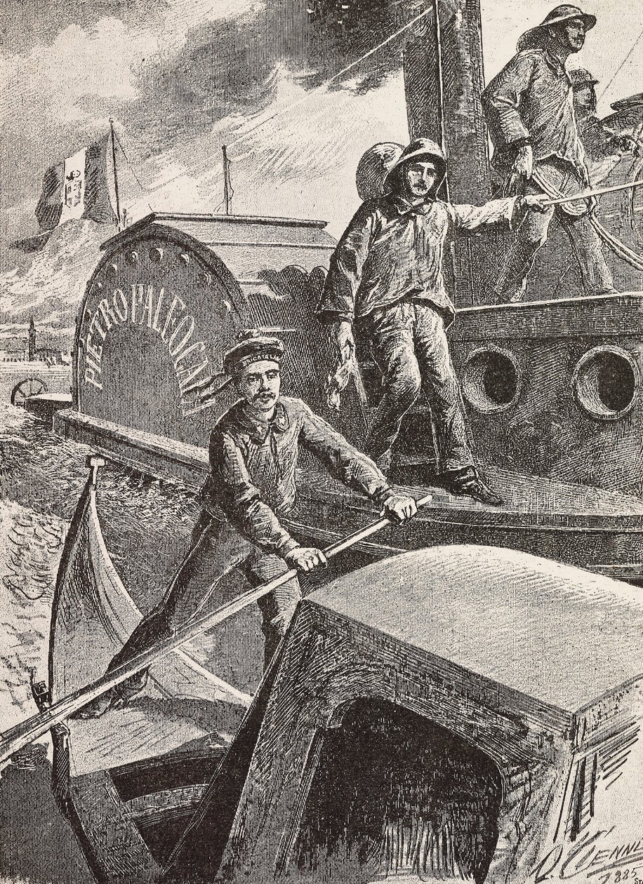 Italiaanse militaire ingenieurs, lagunebrigade, aan het werk in hun nieuwe uniformen, gravure naar tekening van Quinto Cenni, uit L