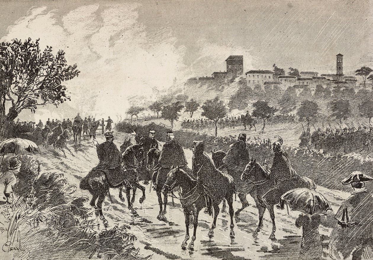 Italiaanse soldaten te paard verplaatsen zich van Copreno naar Cermenate, Italië, gravure naar tekening van Quinto Cenni, uit L