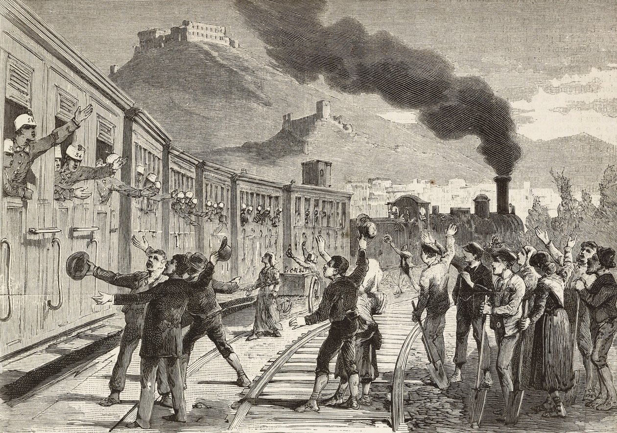 Mannen en vrouwen nemen afscheid van Italiaanse soldaten die vertrekken vanaf het station van Cassino, Italië, gravure naar tekening van Quinto Cenni en schets van M Dal Don, uit L