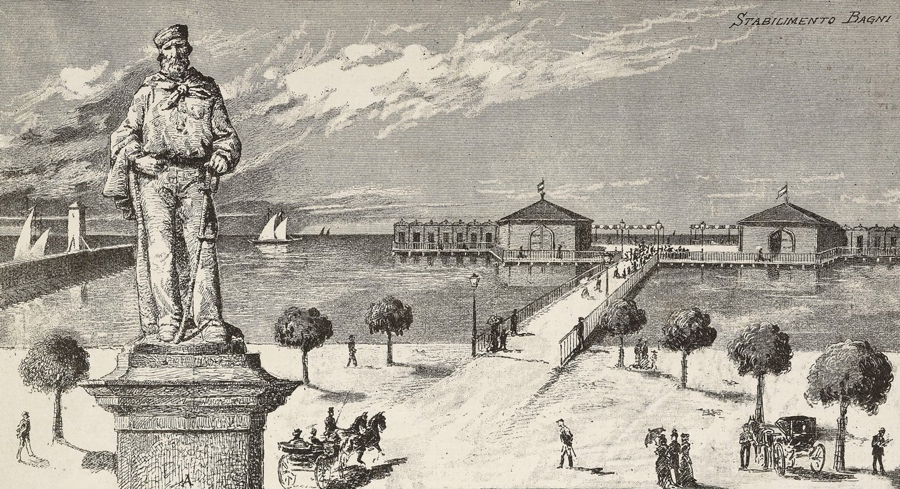 Monument ter nagedachtenis aan Giuseppe Garibaldi (1807-1882), Italiaanse politicus en patriot, en badinrichting op de achtergrond, Cesenatico, Italië door Quinto Cenni