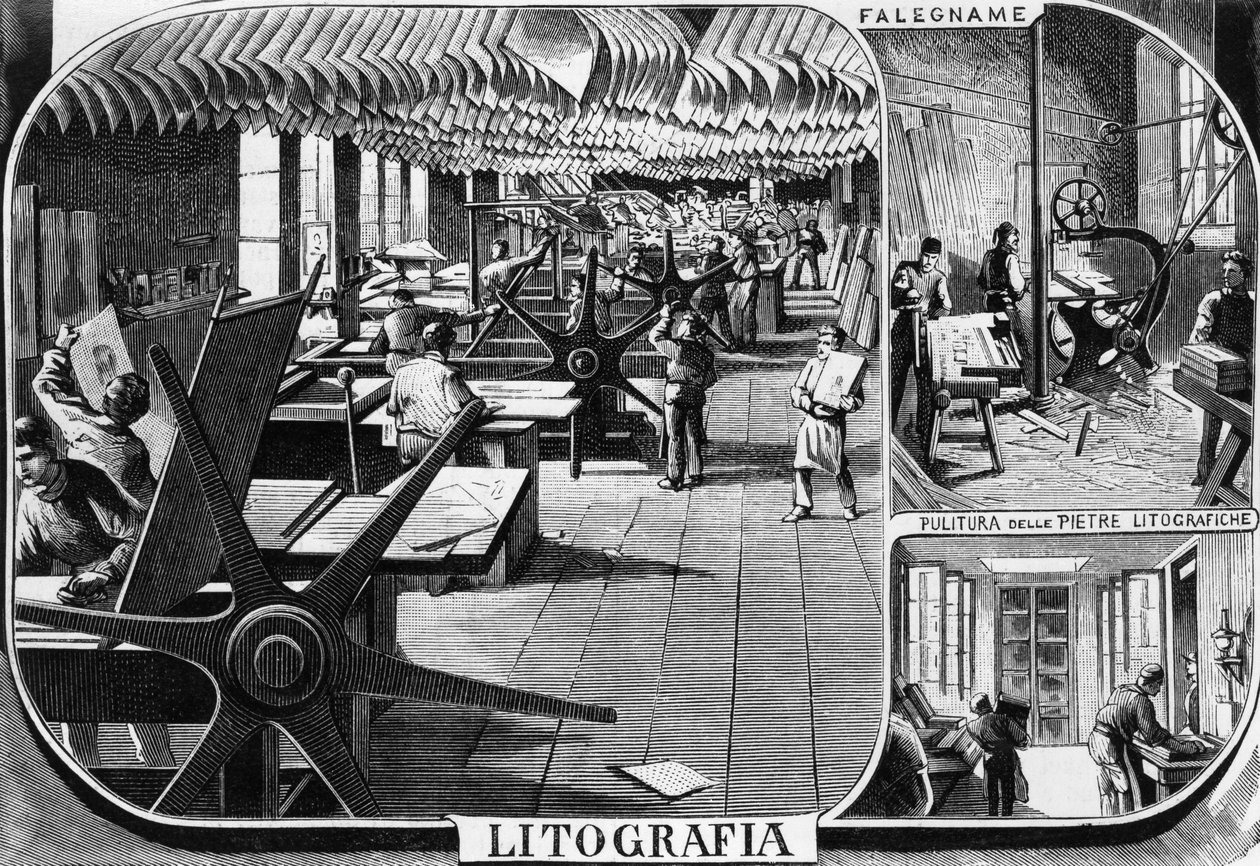 Kantoren van de gebroeders Treves, lithografie afdeling, Milaan, Italië, illustratie door Quinto Cenni (1845-1917) uit L