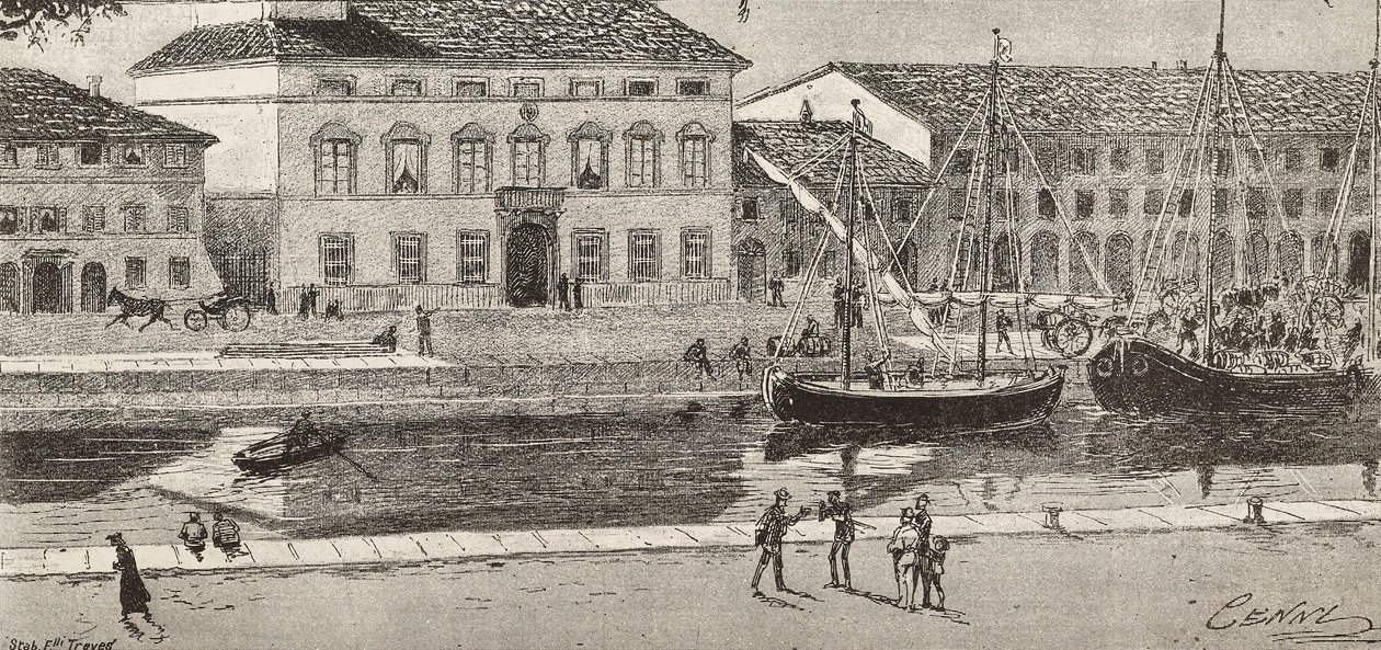 Het stadhuis en het havenkanaal, Cesenatico, Italië, gravure naar een tekening van Quinto Cenni en een schets van Ulisse Topi, uit L