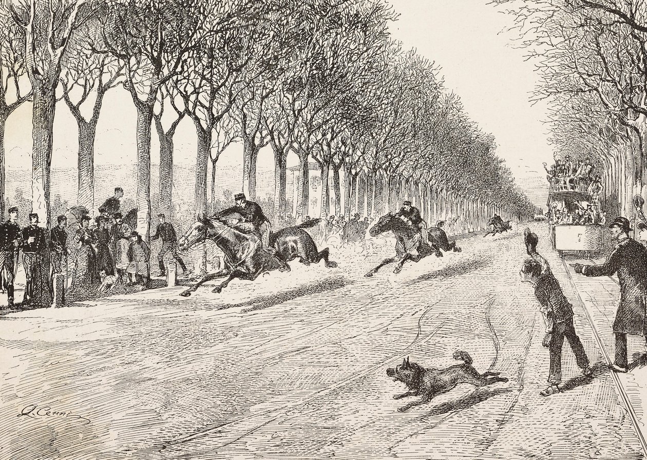 Drie verzetsleiders die deelnemen aan een paardenrace, Derde Savoye-regiment, tussen Milaan en Monza, Italië, gravure naar tekening door Quinto Cena, uit L