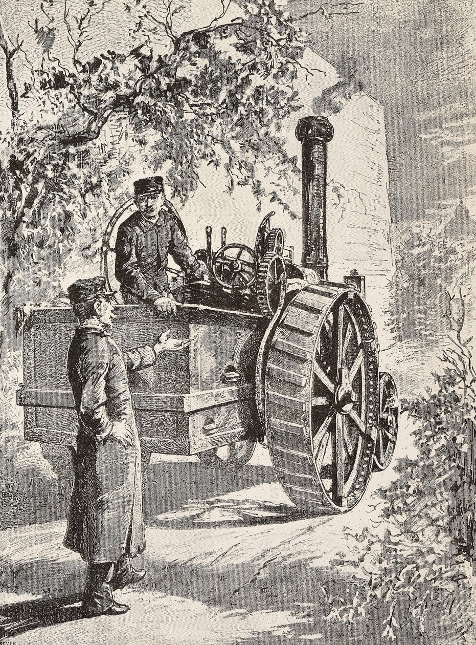 Twee Italiaanse militaire ingenieurs op weglocomotief, in hun nieuwe uniformen, gravure naar tekening door Quinto Cenni, uit L