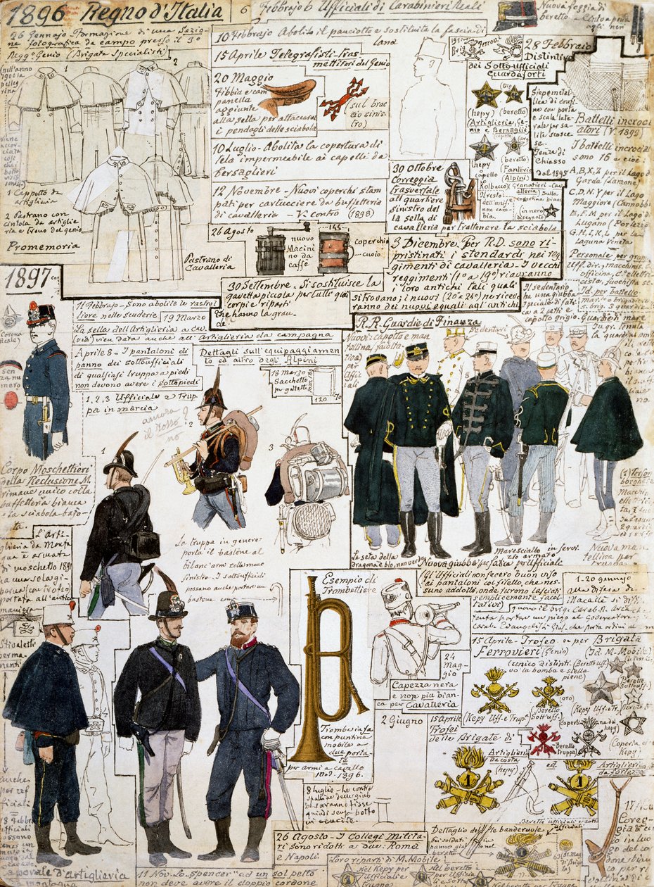Uniformen van het Koninkrijk Italië tussen 1896 - 1897, plaat uit Cenni Codex, collectie van militaire schetsen in aquarel door Quinto Cenni