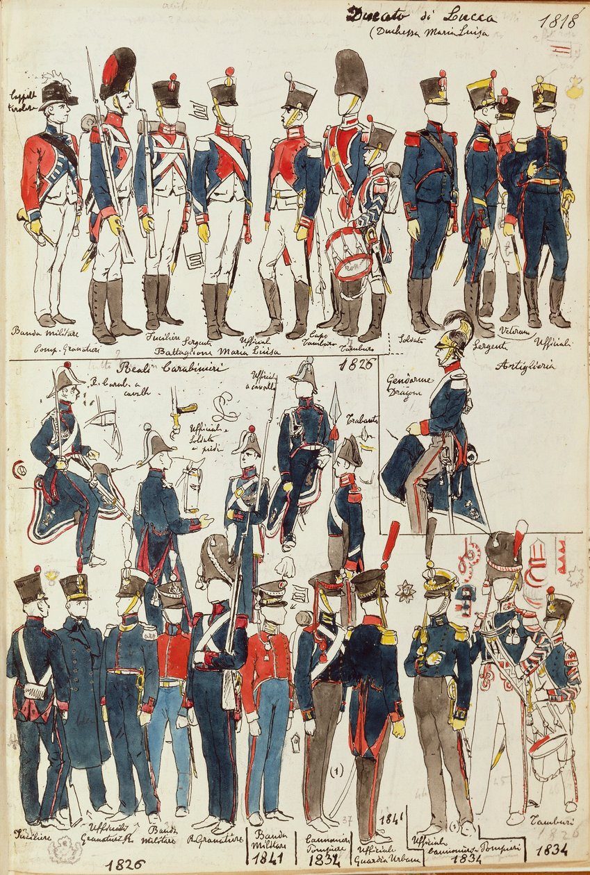 Verschillende uniformen van het Hertogdom Lucca door Quinto Cenni, kleurenplaat door Quinto Cenni