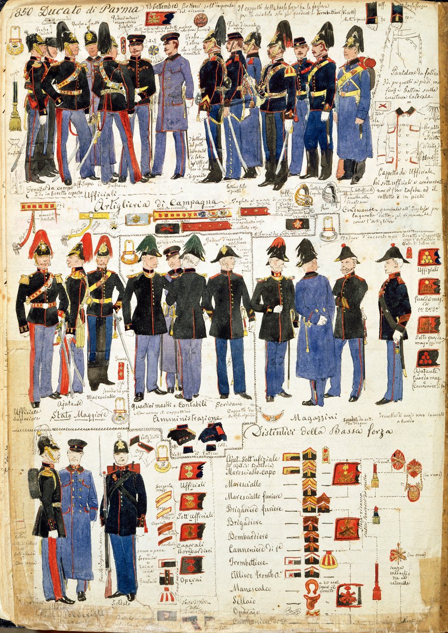 Verschillende uniformen van het Hertogdom Parma door Quinto Cenni