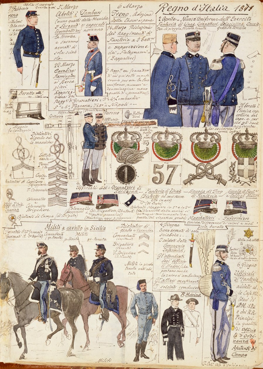 Verschillende uniformen van het Koninkrijk Italië door Quinto Cenni, kleurplaat door Quinto Cenni