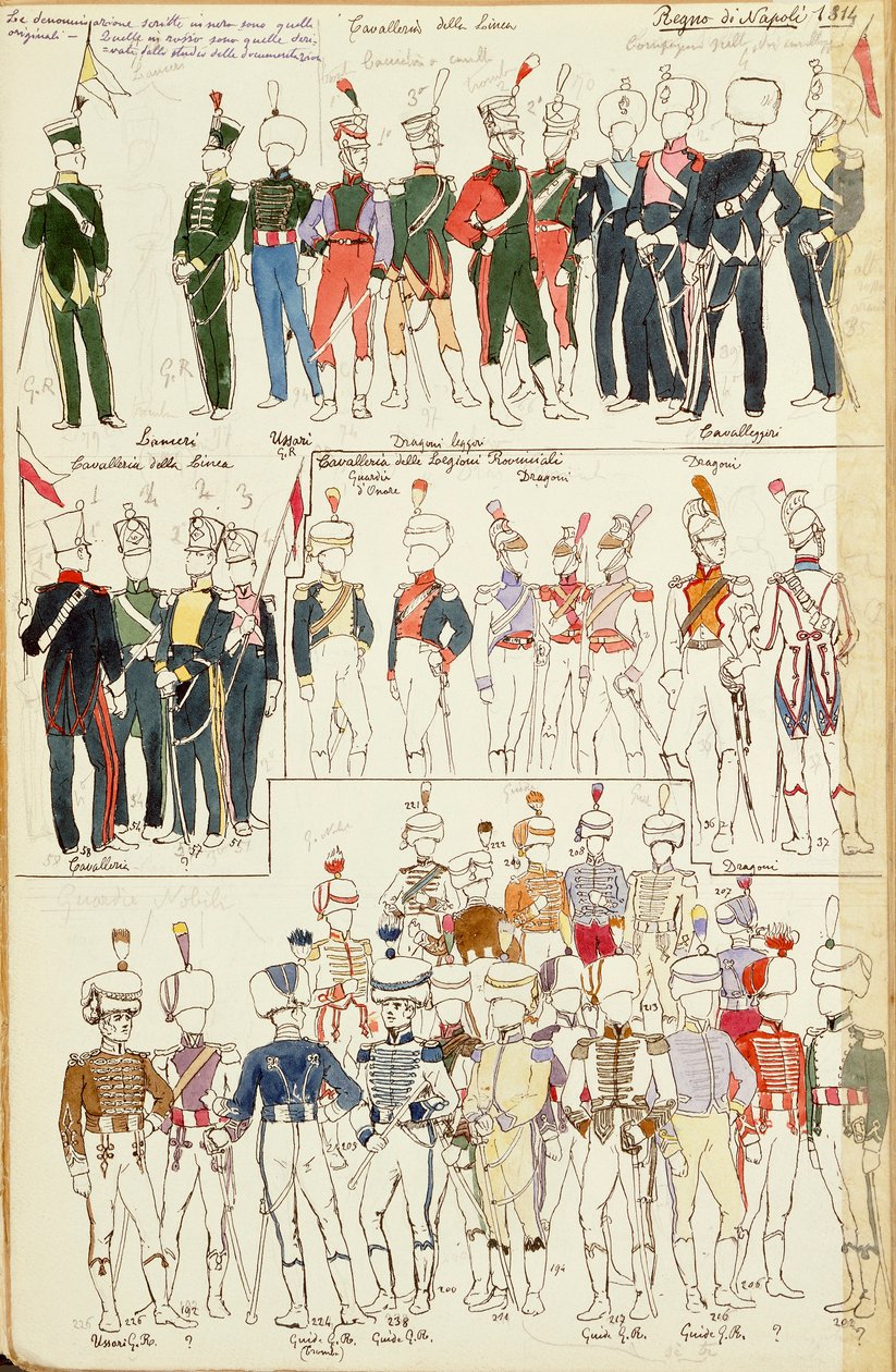 Verschillende uniformen van het Koninkrijk Napels uit 1814 door Quinto Cenni