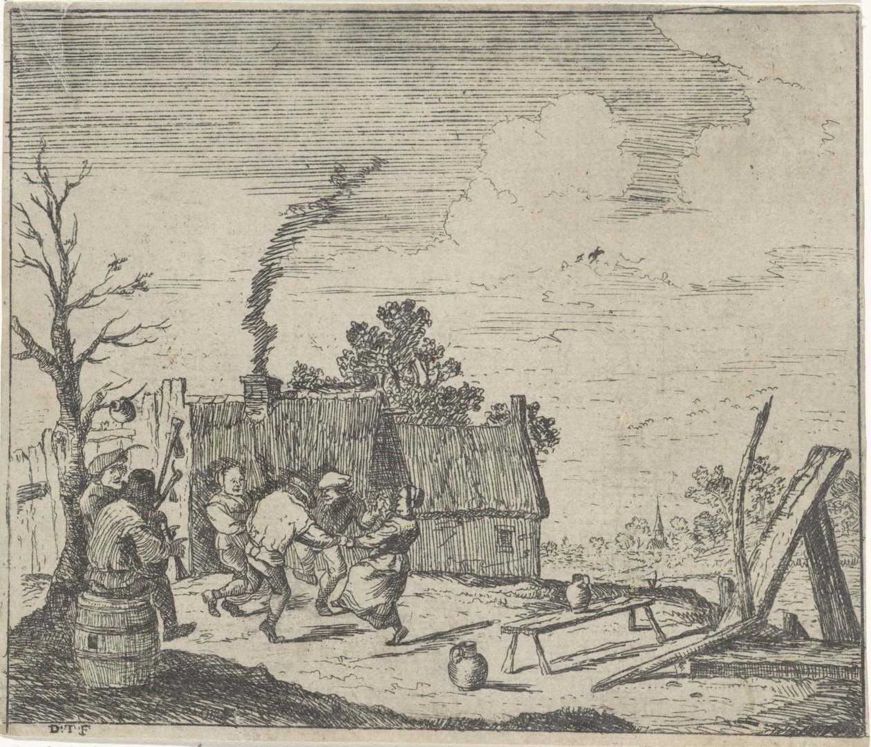 Dansende boeren op de muziek van twee muzikanten door Quirin Boel (possibly)