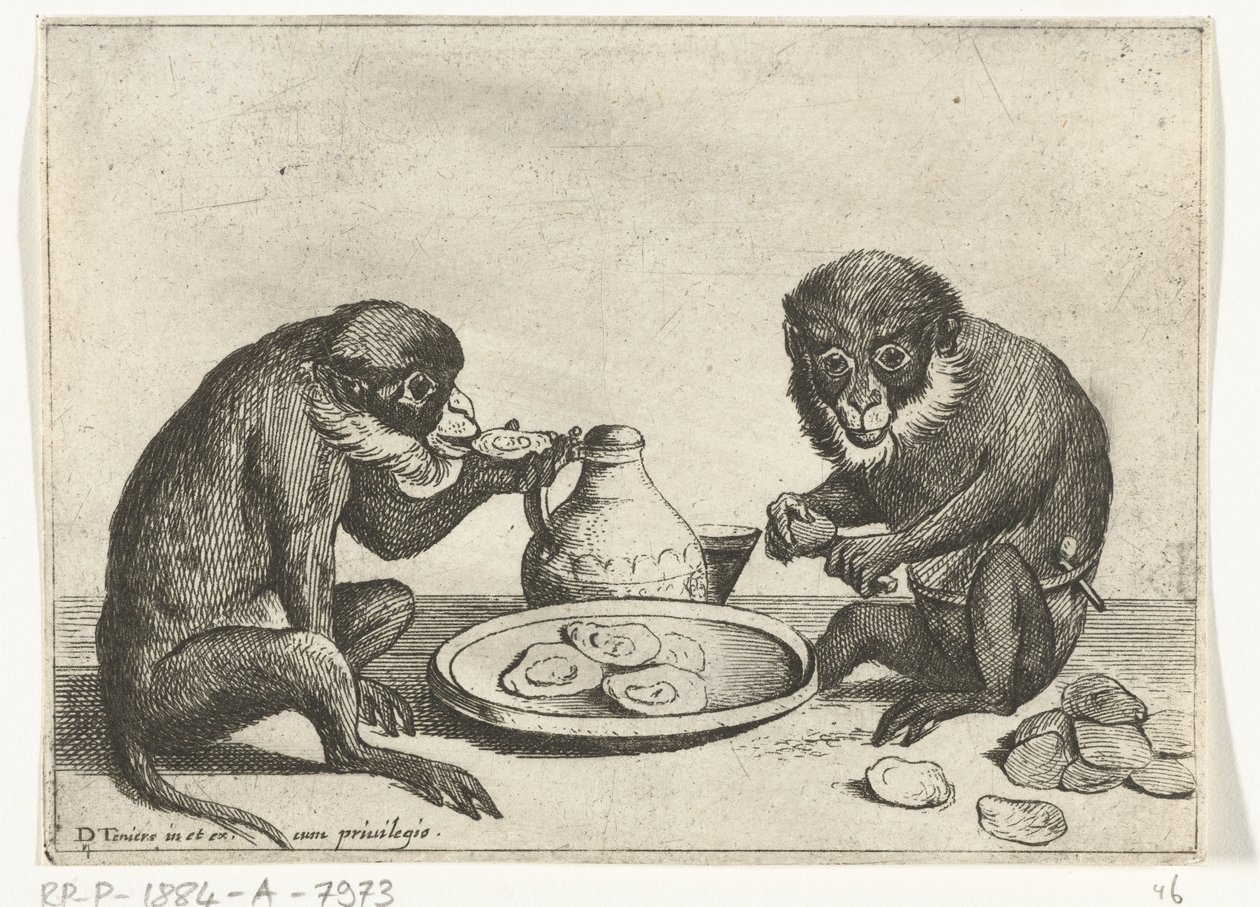 Twee apen eten oesters Verschillende bedrijven uit het menselijke leven door apen voorgesteld (series title) het Apespel inde werelt (series title) door Quirin Boel