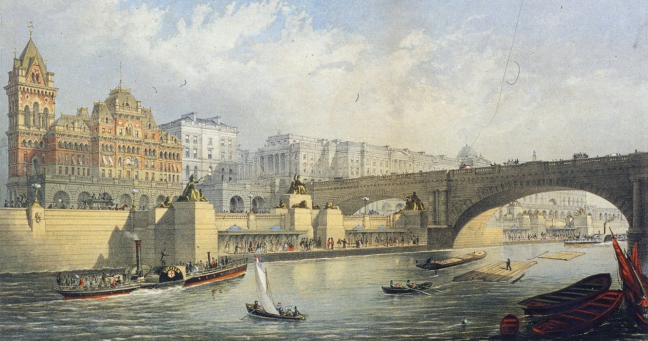 Thames Embankment - Stoomboot aanlegsteiger bij Waterloo, Londen, 1864 door RM Bryson
