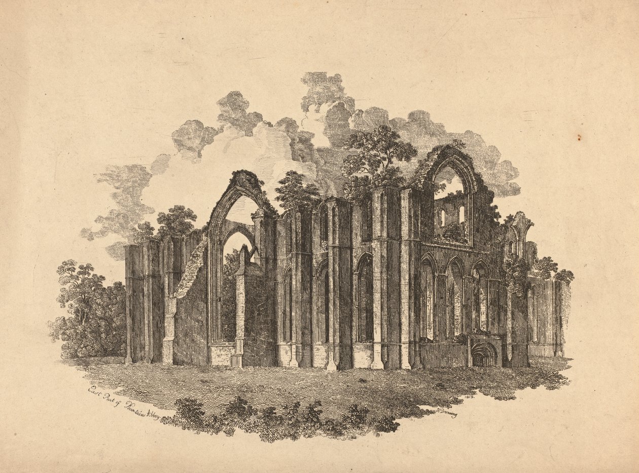 Oostelijk deel van Fountains Abbey door R. Dunning