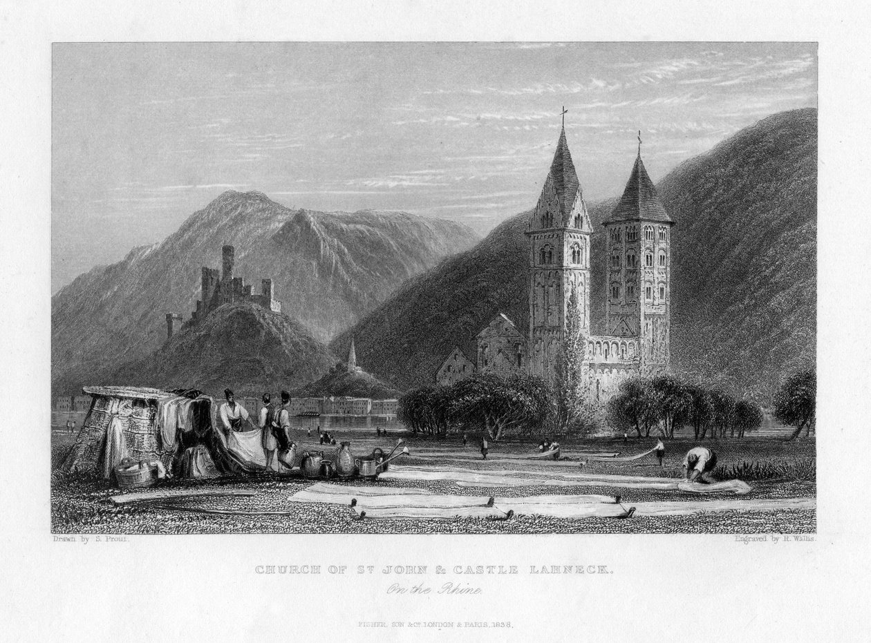 Kerk van St. Jan en kasteel Lahneck aan de Rijn, 1838 door R. Wallis