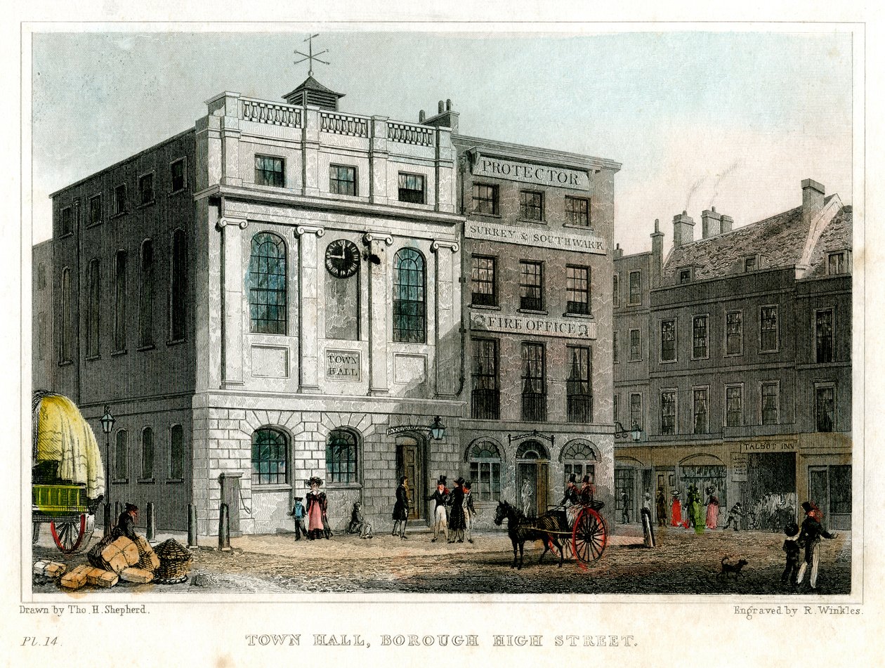 Stadhuis, Borough High Street, Southwark, Londen, 1830 door R. Winkles