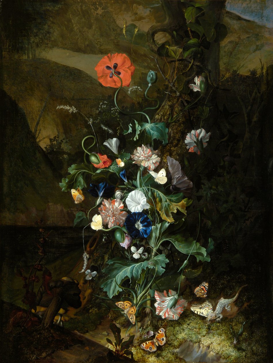 Een arrangement van bloemen bij een boomstam, c.1683 door Rachel Ruysch