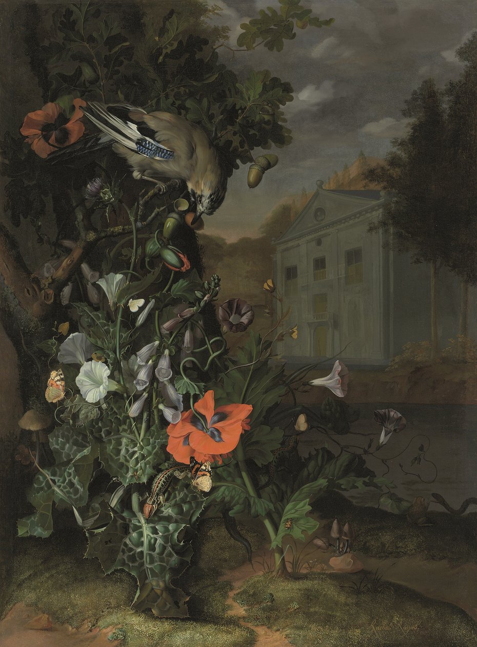 Bosbodem met een klassieke gevel op de achtergrond door Rachel Ruysch