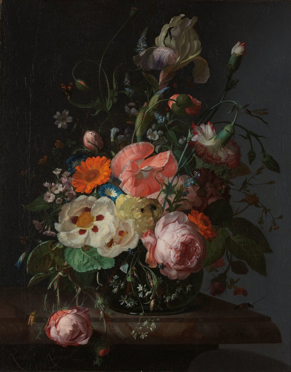 Stilleven met bloemen op een marmeren tafelblad door Rachel Ruysch