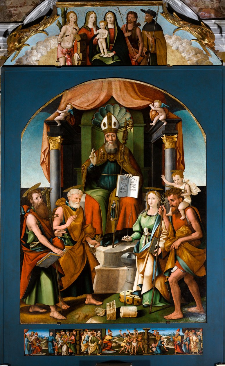 Sint Blasius op de troon tussen Sint Petrus, Paulus, Catharina van Alexandrië en Christoffel, centraal altaarstuk door Raffaele De (fl.1514 1573) Pancalino