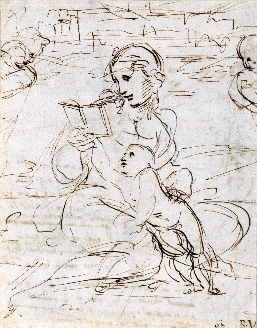 Lezende Madonna en Kind in een Landschap tussen twee Cherubijnenhoofden, 1509 door Raffaello Sanzio Raphael