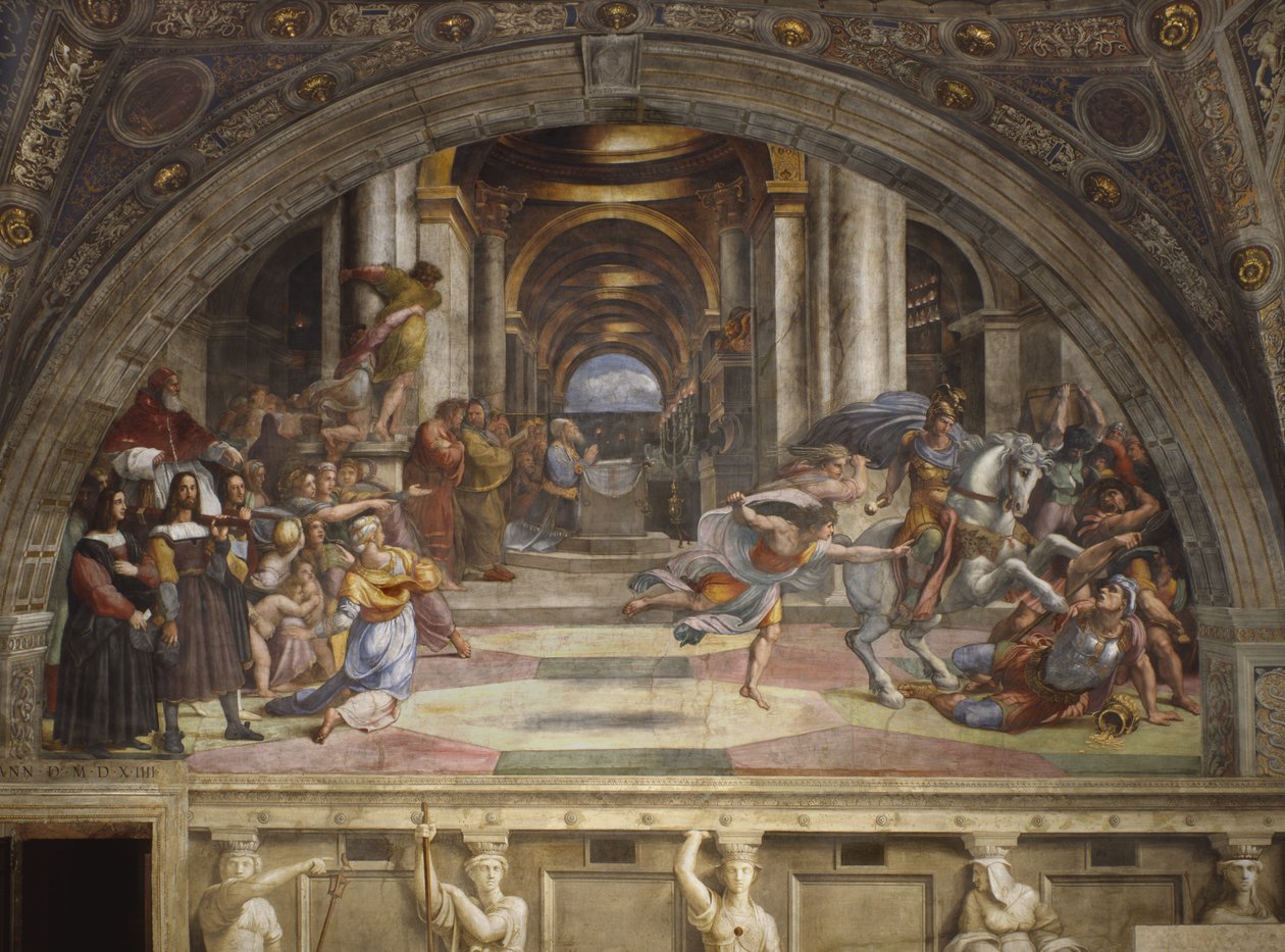 De verdrijving van Heliodorus uit de tempel, Stanza di Eliodoro, 1511-12 door Raffaello Sanzio Raphael