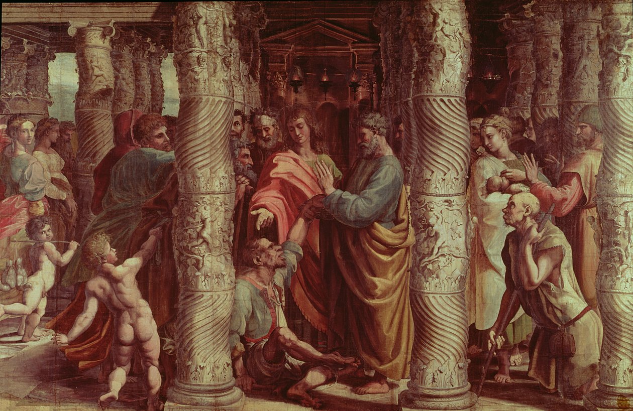 De genezing van de lamme man (cartoon voor de Sixtijnse Kapel) (voor restauratie) door Raffaello Sanzio Raphael
