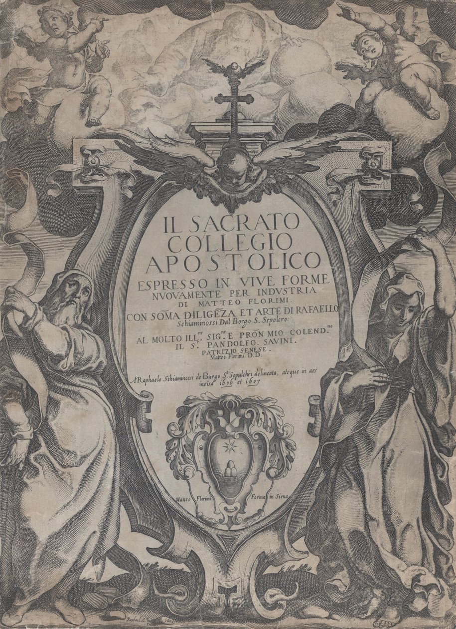 Frontispice met twee figuren die rollen vasthouden en cherubijnen die het cartouche flankeren, 1606-07 door Raffaello Schiaminossi