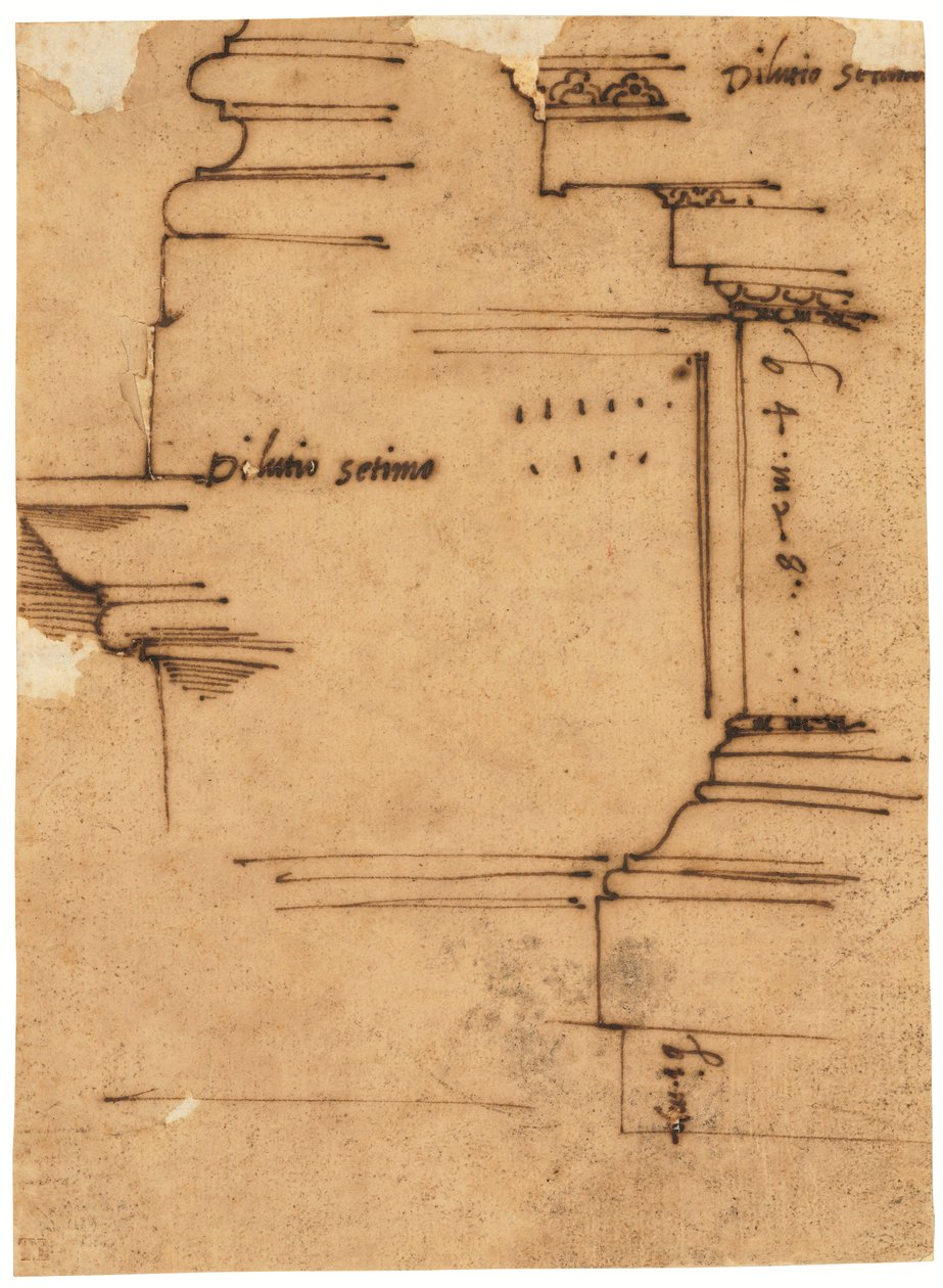 Een schets van de hoofdbekroning van de Boog van Septimius Severus, Rome (pen en bruine inkt, op geolied calqueerpapier) door Raffaello da Montelupo