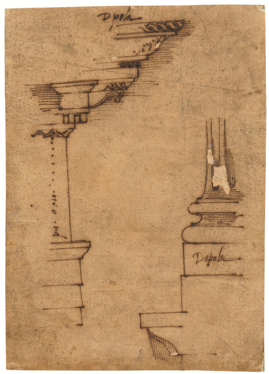Ontwerp voor een hoofdgestel en de voet van een sokkel (pen en bruine inkt, op geolied calqueerpapier) door Raffaello da Montelupo