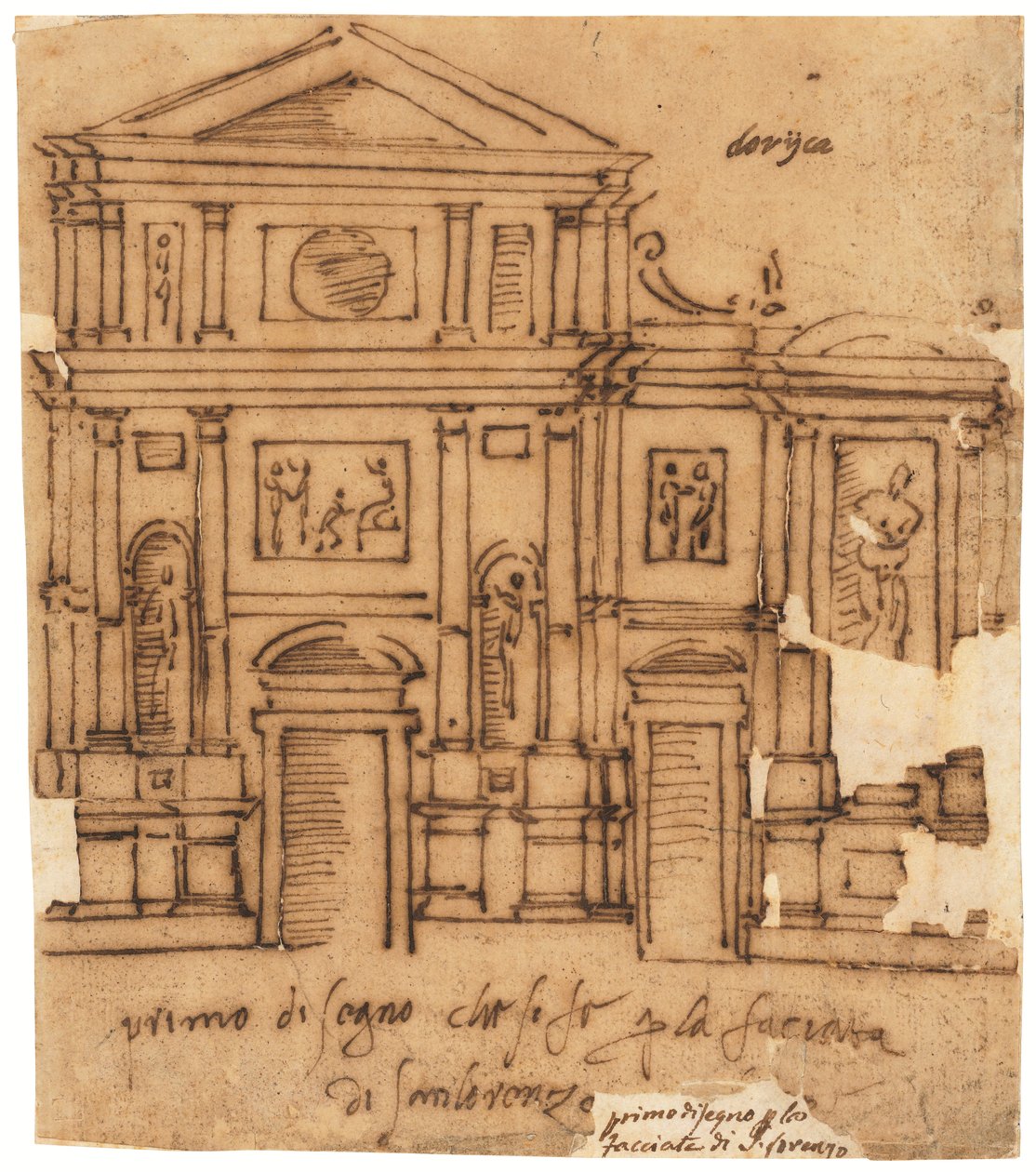 Ontwerp voor de gevel van San Lorenzo, Florence (pen en bruine inkt, op geolied calqueerpapier) door Raffaello da Montelupo