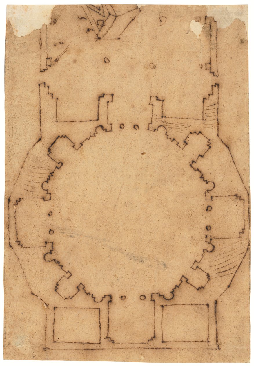 De plattegrond van een kerk (pen en bruine inkt, op geolied calqueerpapier) door Raffaello da Montelupo