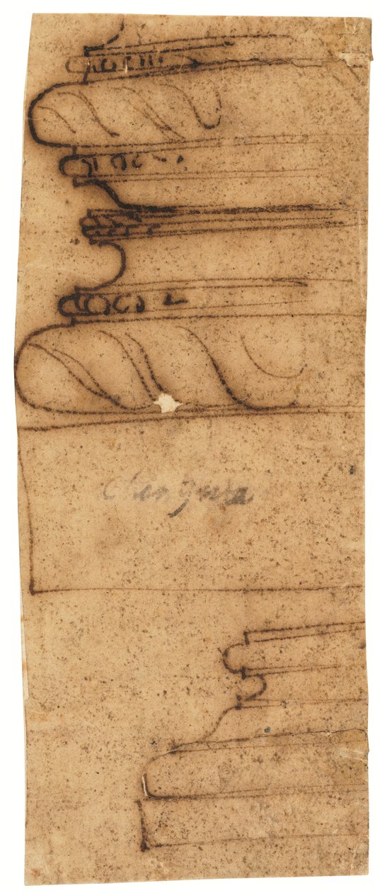 Twee architectuurfragmenten (pen en bruine inkt, op geolied calqueerpapier) door Raffaello da Montelupo