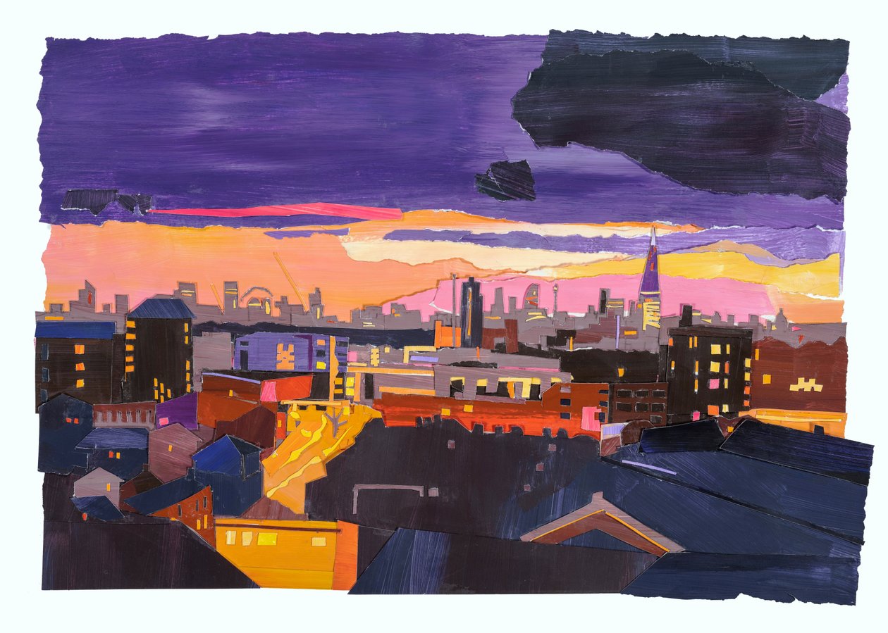 Rooftops over Londen, 2022 (acryl en collage op papier) door Raina Goran