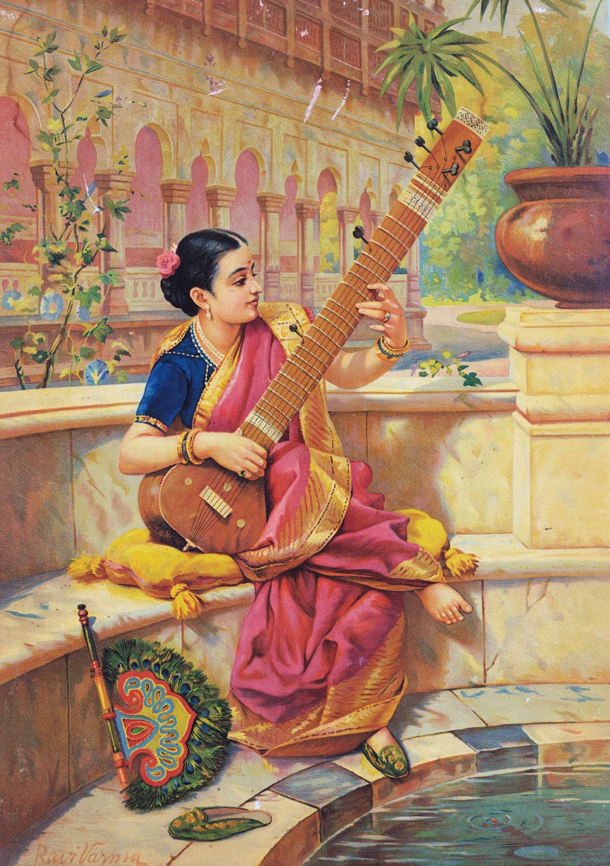 Kadambari speelt sitar, bewerken door Raja Ravi Varma