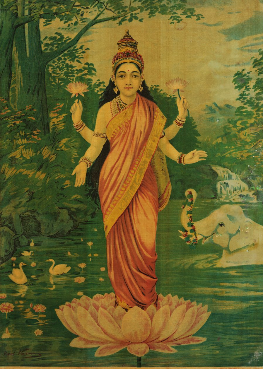 Lakshmi, door Raja Ravi Varma en Ravi Varma Press, jaren 1930 door Raja Ravi Varma