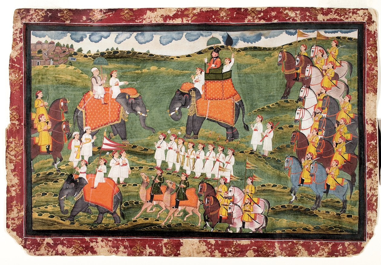 Kolonel James Tod en Guru Gyanchandra rijden op olifanten nabij Udaipur, oktober 1822 door Rajasthani School