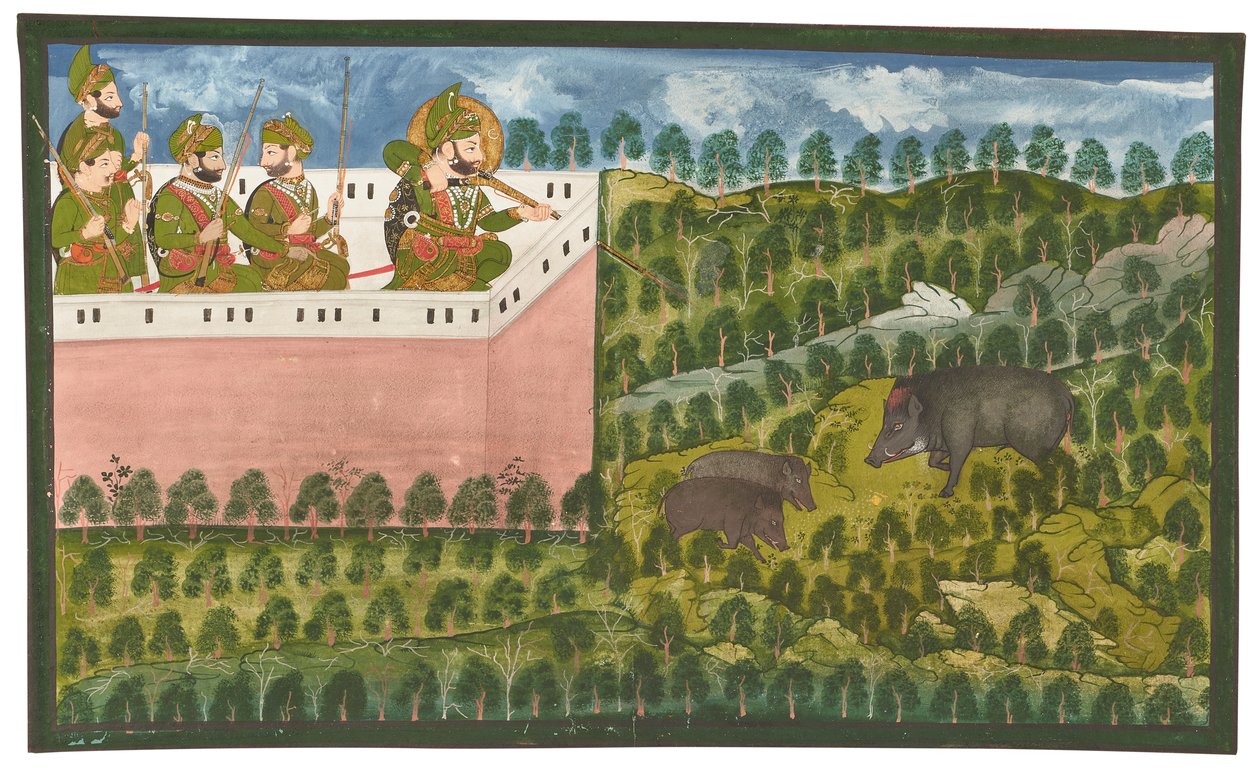 Een schilderij van Maharana Jawan Singh die wilde zwijnen jaagt door Rajasthani School