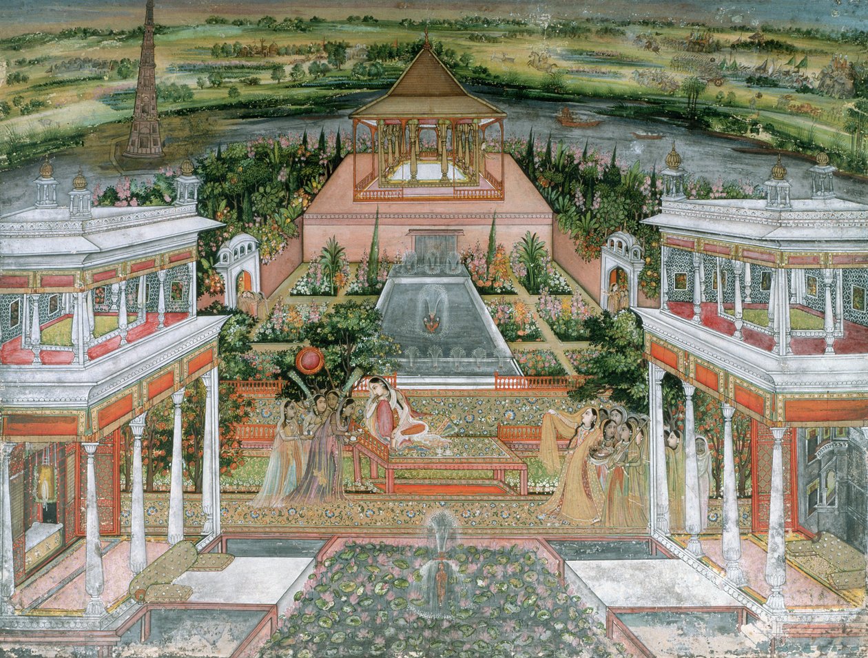 Een Mughal-prinses vermaakt door vrouwelijke bedienden in een paleistuin in Rajasthan, 1700 door Rajput School