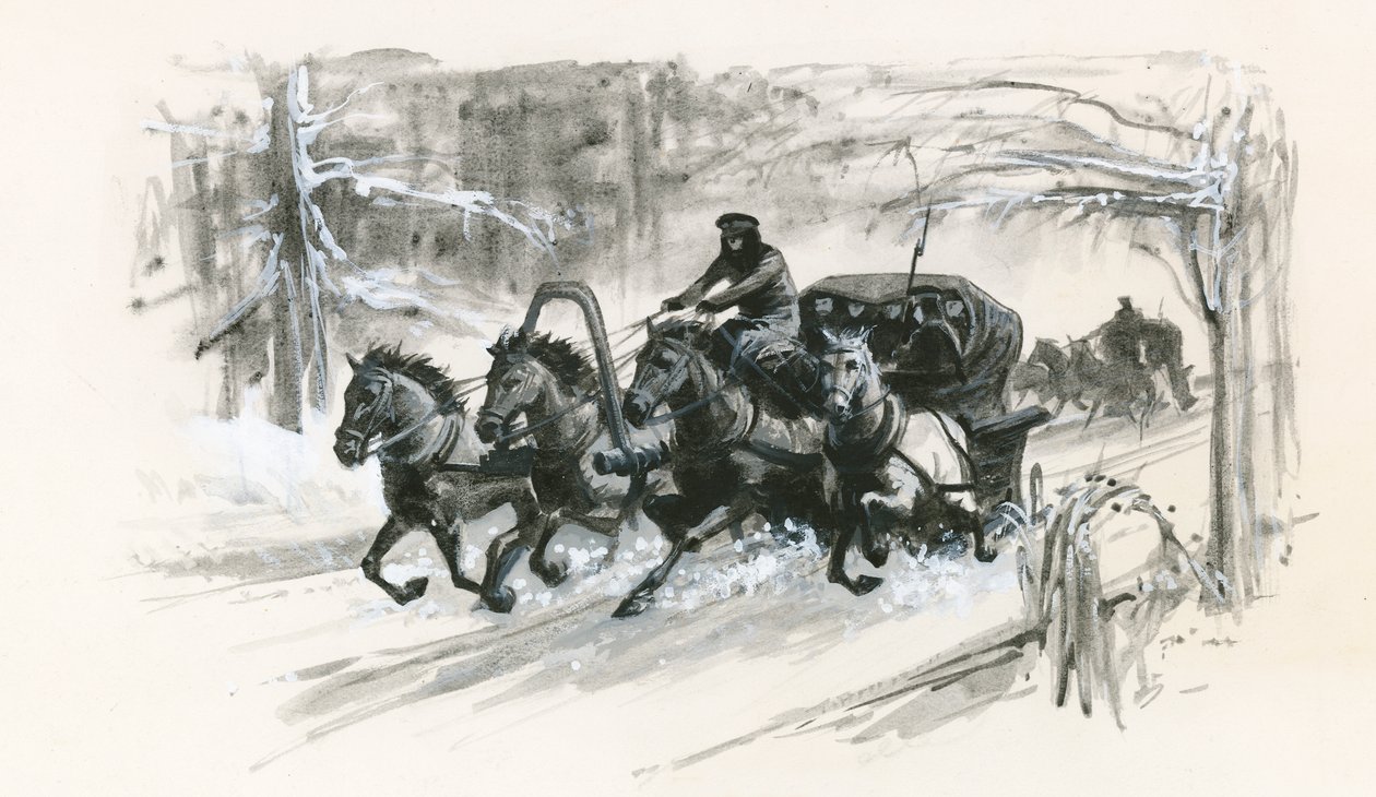 Dostoievski en zijn medegevangenen werden in gesloten sleeën gepropt voor de lange reis naar Siberië door Ralph Bruce