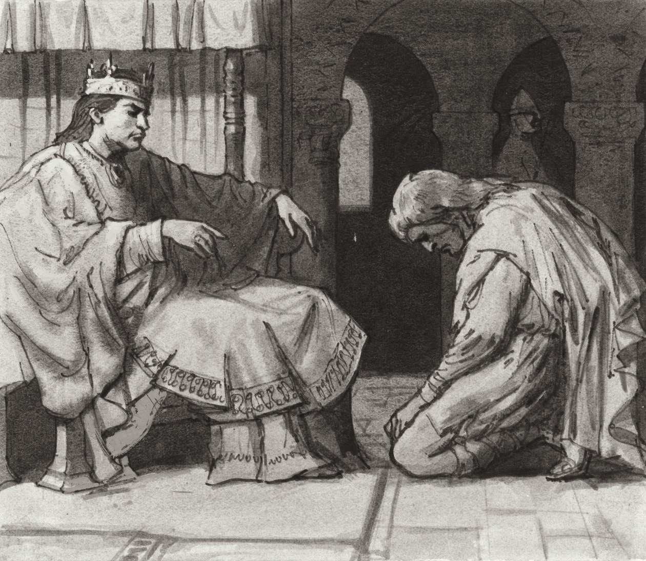 Walteof, graaf van Northumbria voor koning Willem I (gouache op papier) door Ralph Bruce