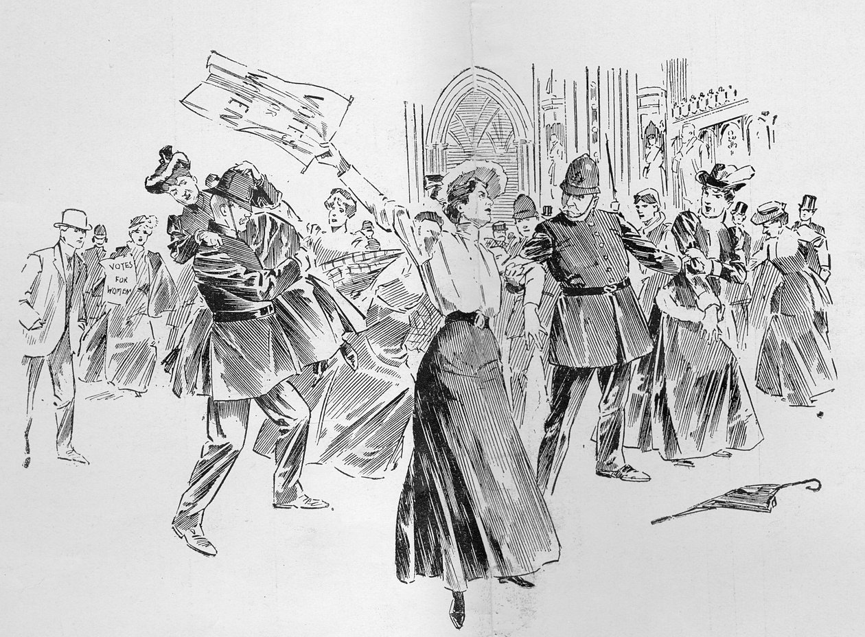 De ontembare suffragettes zorgen voor afleiding in de lobby, uit een artikel getiteld 