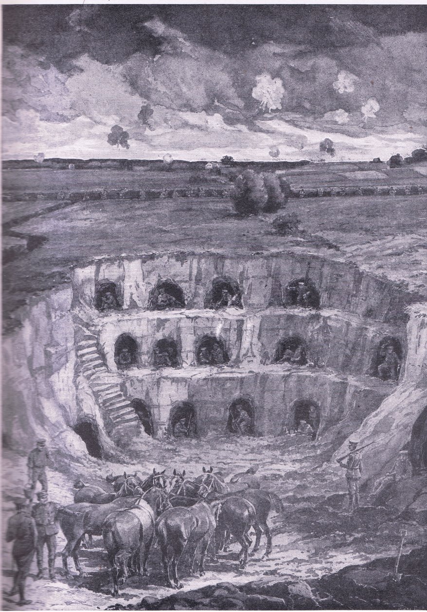 De moderne holbewoners, uit Geschiedenis van de Grote Oorlog Vol 3 gepubliceerd door Waverley Book Co Limited, ca. 1920 door Ralph Cleaver