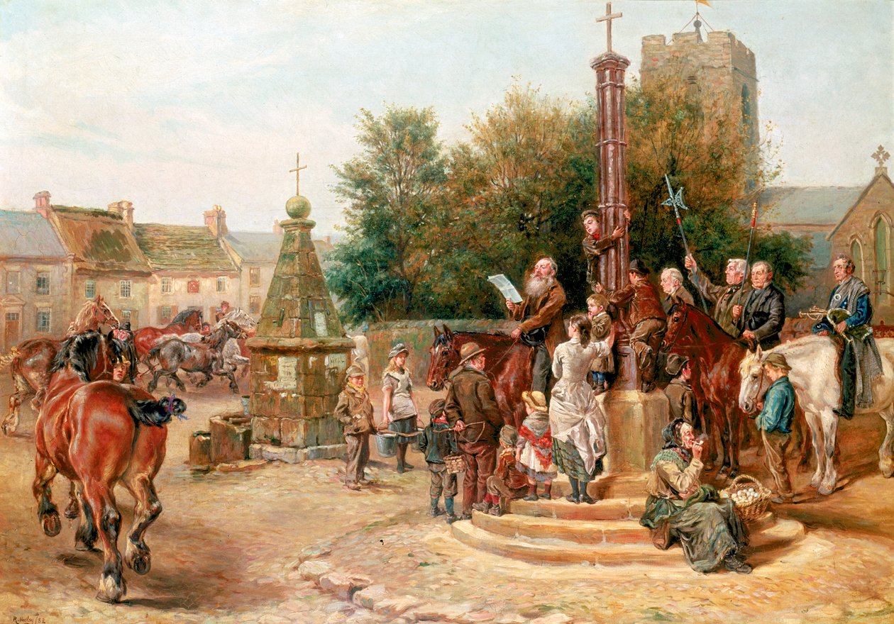 Het uitroepen van Stagshaw Fair in Corbridge door Ralph Hedley