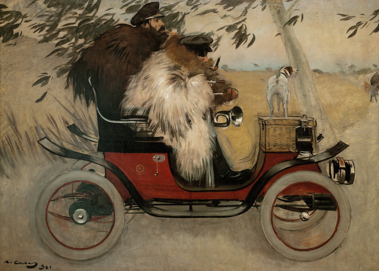 Ramon Casas en Pere Romeu in een auto door Ramon Casas i Carbo