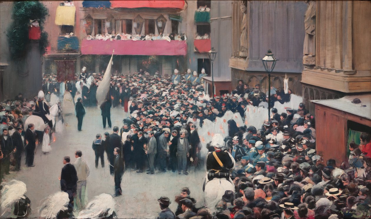 De Corpus Christi-processie verlaat de kerk van Santa Maria del Mar door Ramon Casas i Carbo