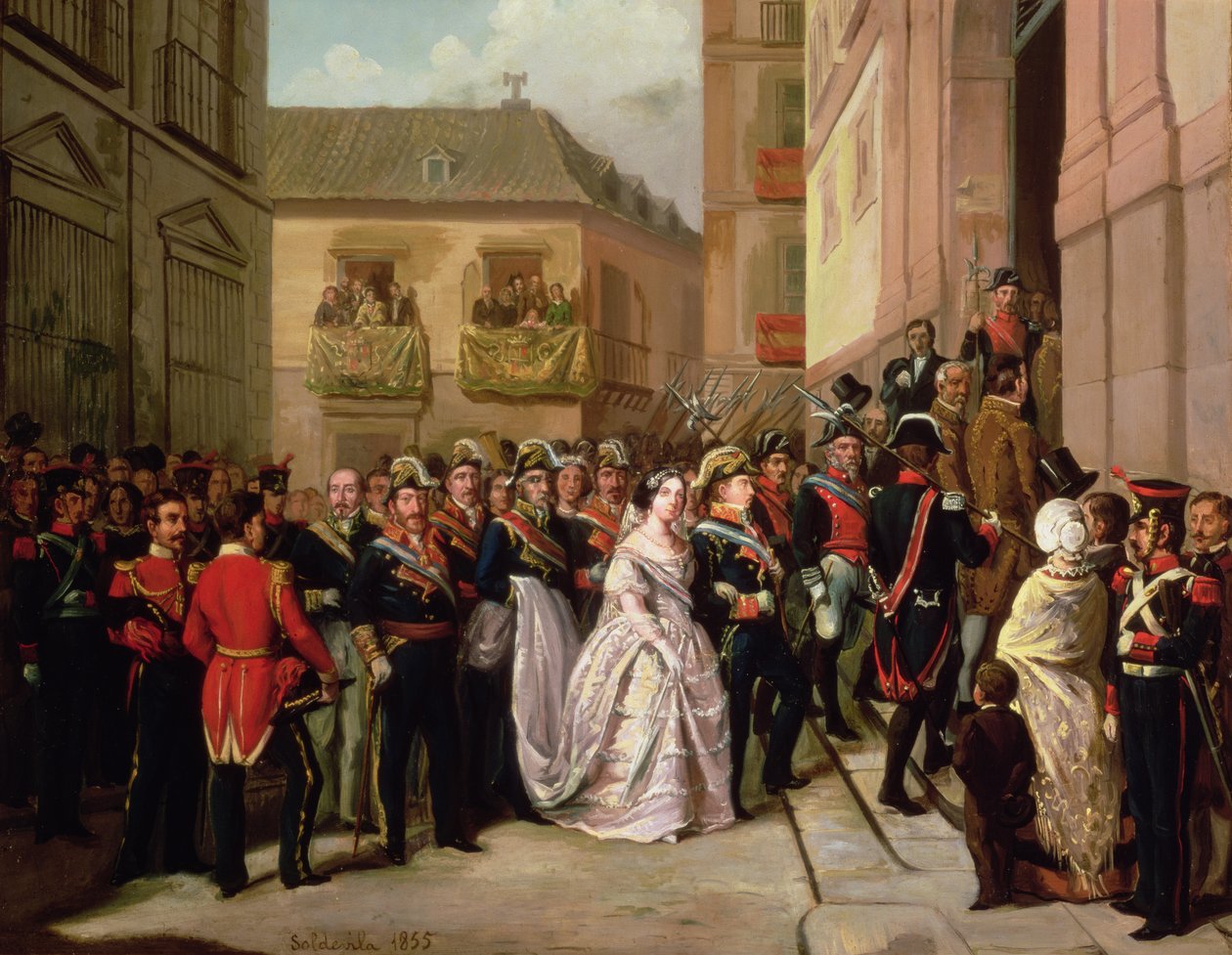 Isabella II van Spanje (1830-1904) en haar echtgenoot Francisco de Assisi bezoeken de Kerk van Santa Maria door Ramon Soldevila Trepat