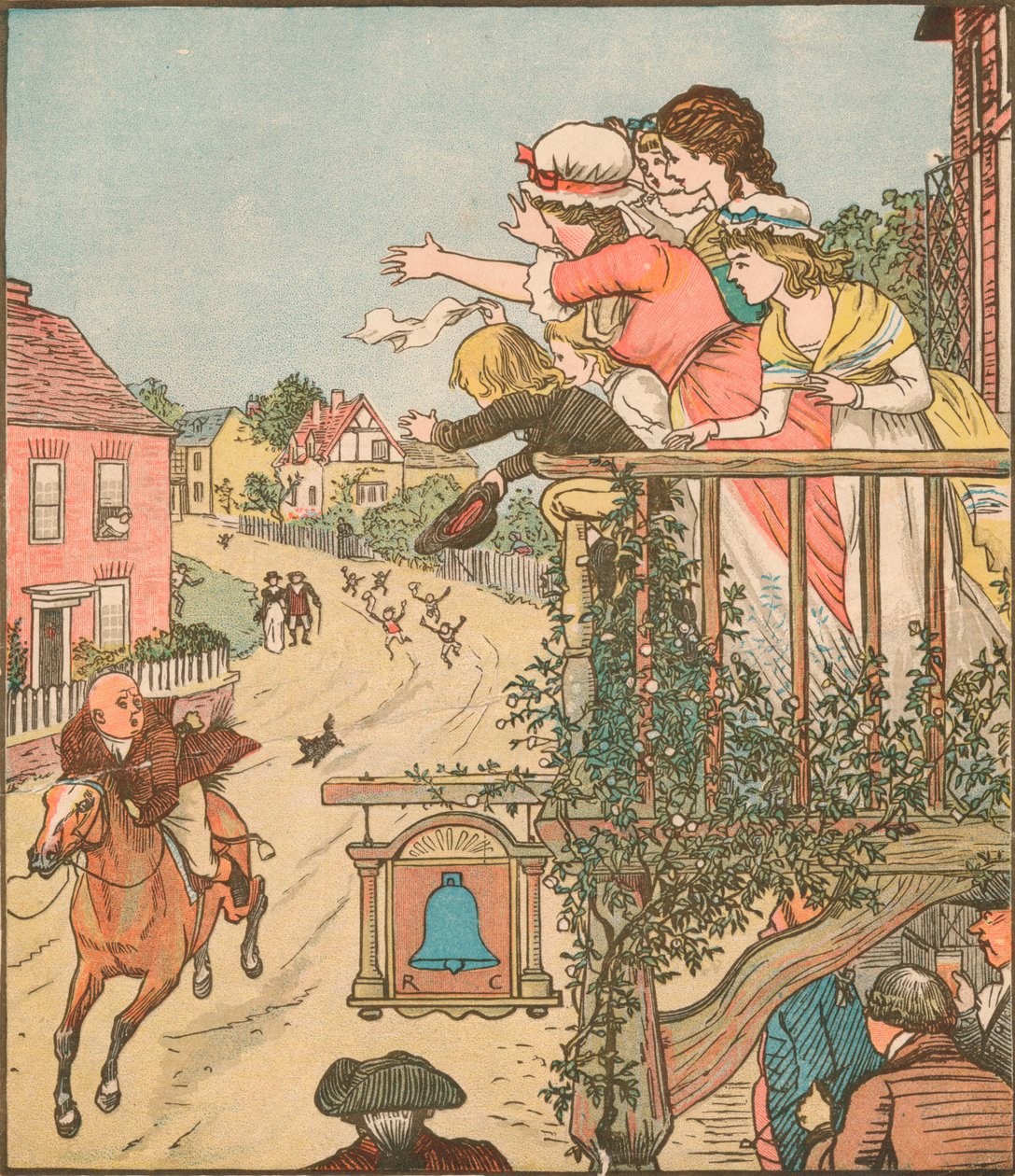 John Gilpin galoppeert langs de Bell Inn terwijl zijn vrouw en kinderen vanaf het balkon zwaaien, 1878, c1918 door Randolph Caldecott