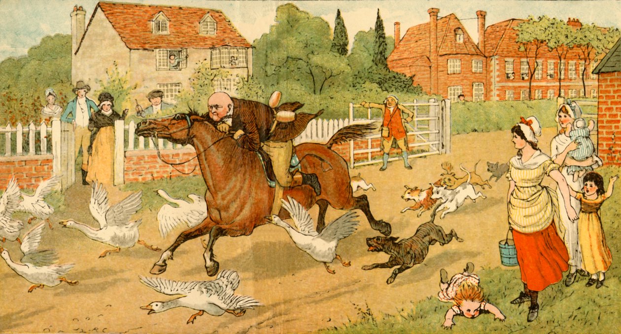 John Gilpin galoppeert door een dorp, 1878, ca. 1918 door Randolph Caldecott
