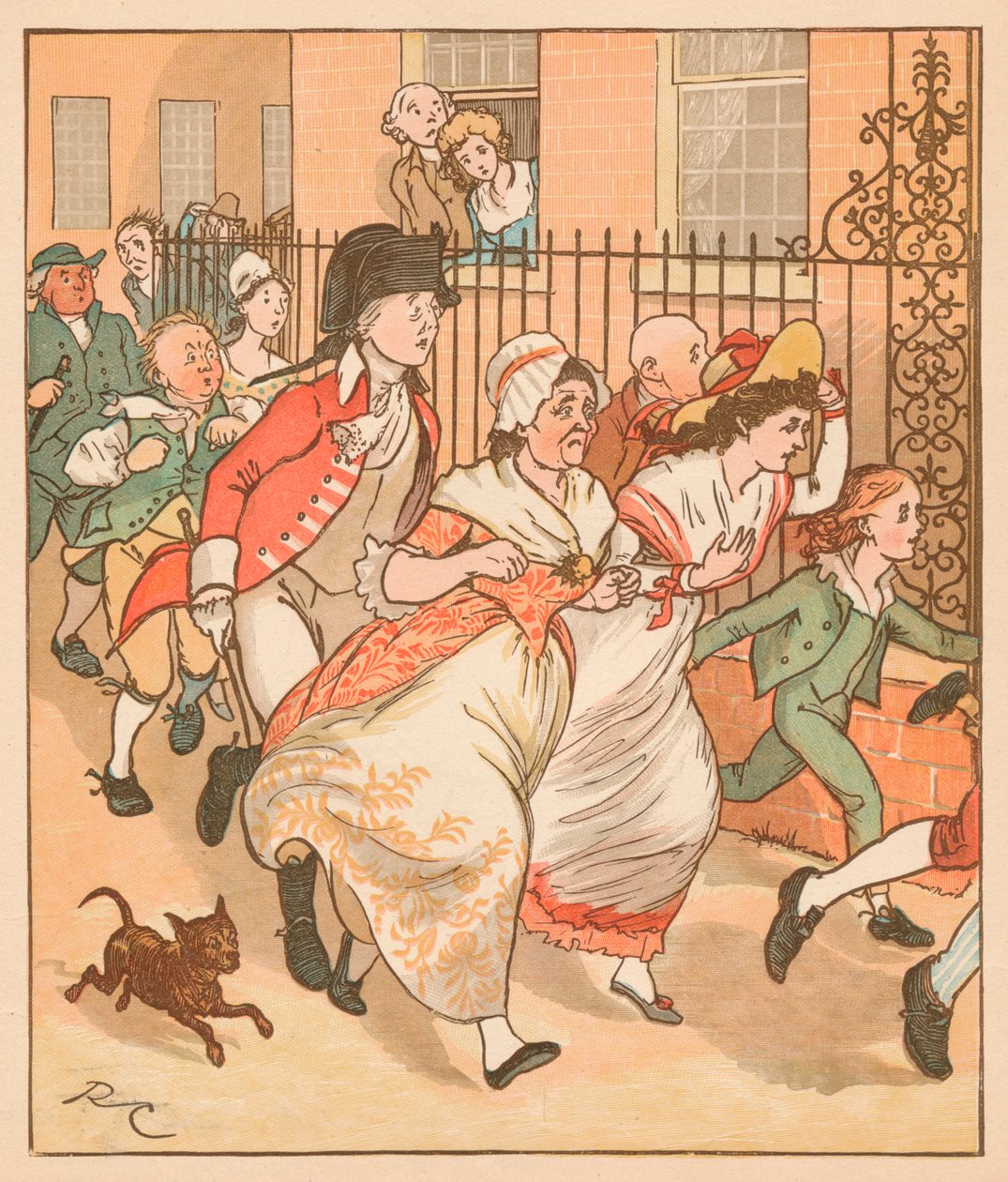 Buren haasten zich om de goede man van Islington te helpen, ca. 1879 door Randolph Caldecott